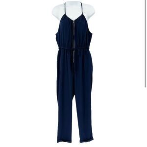 Urban outfitters Zip Front Jumpsuit XS Navy Blue Drawstring Pockets Cuffed